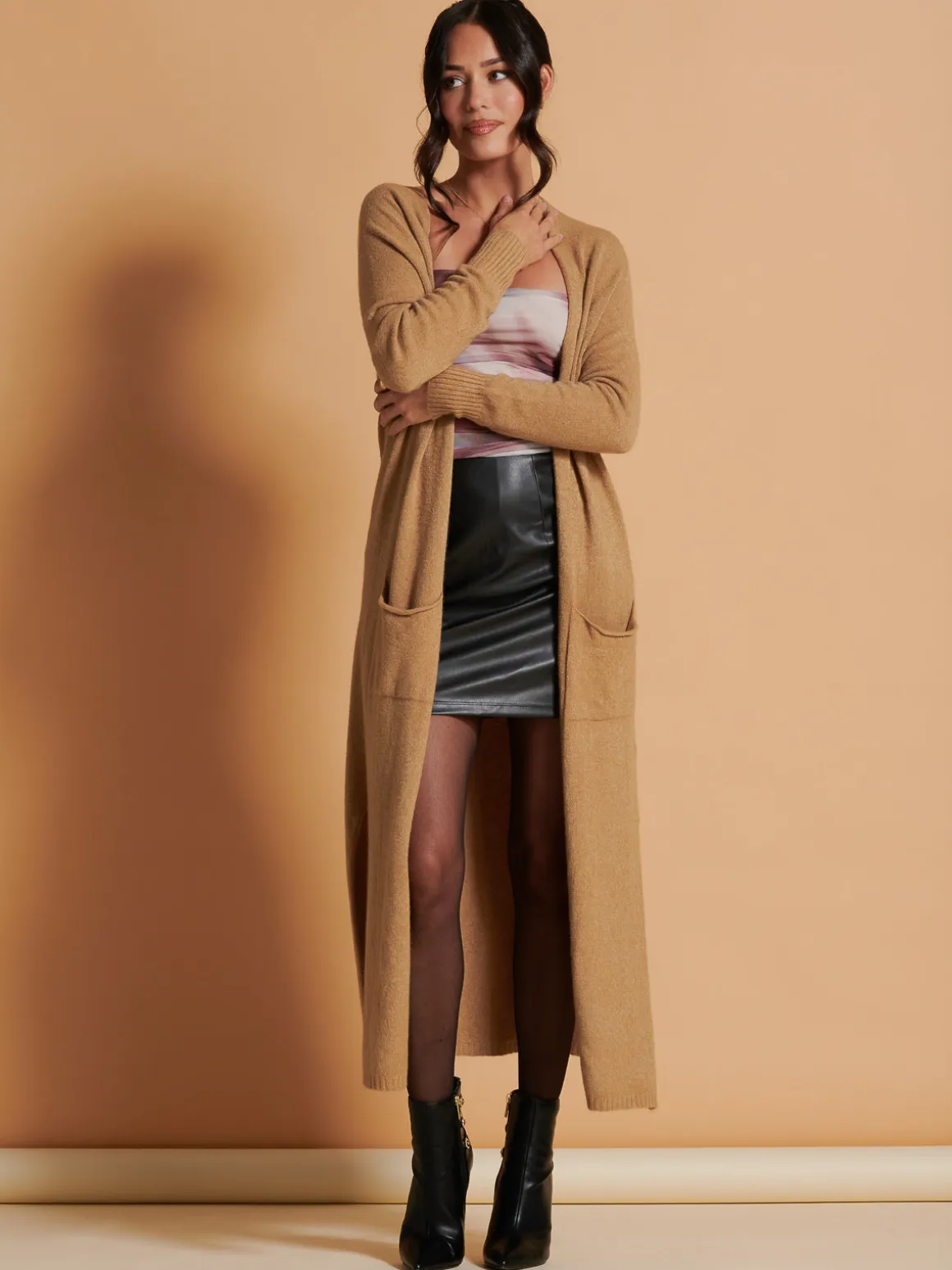 Made in Italy Soft Knit Longline Maxi Cardigan, Camel