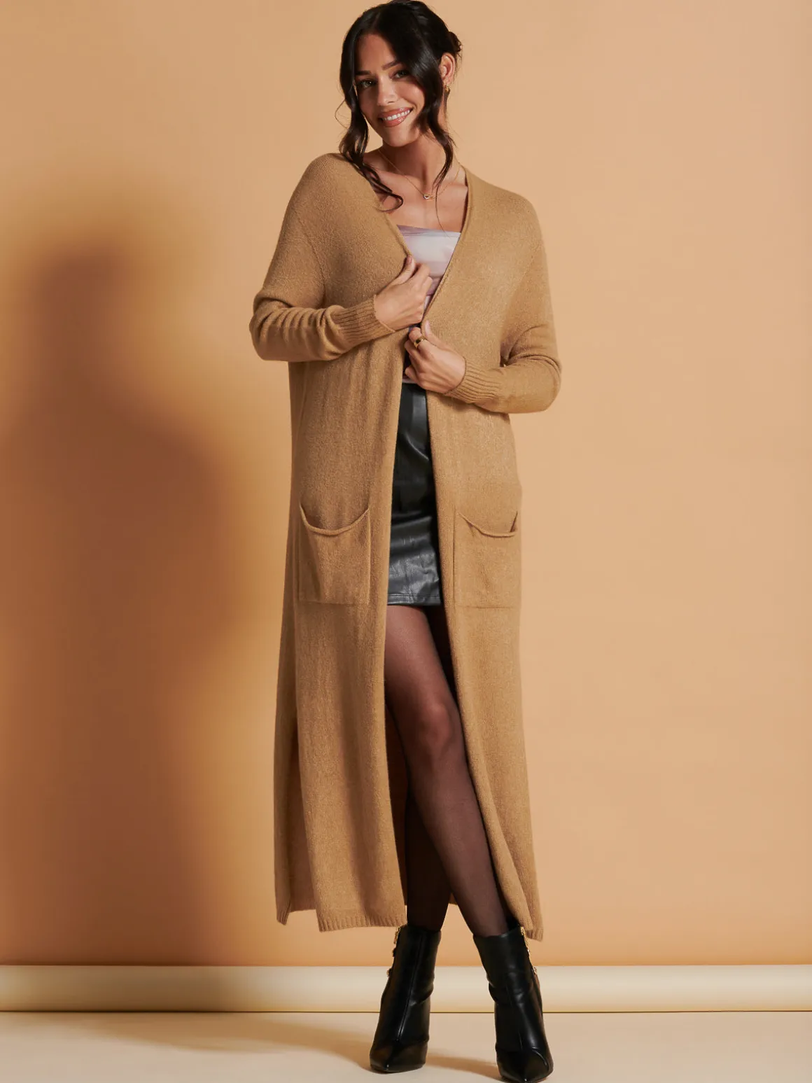 Made in Italy Soft Knit Longline Maxi Cardigan, Camel