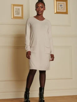 Made in Italy V Neck Knitted Jumper Dress, Stone
