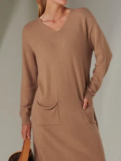 Made in Italy V Neck Knitted Jumper Dress, Tan Brown