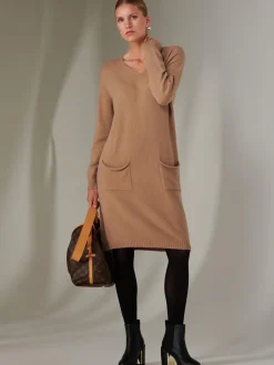 Made in Italy V Neck Knitted Jumper Dress, Tan Brown