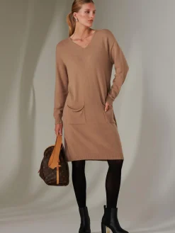 Made in Italy V Neck Knitted Jumper Dress, Tan Brown