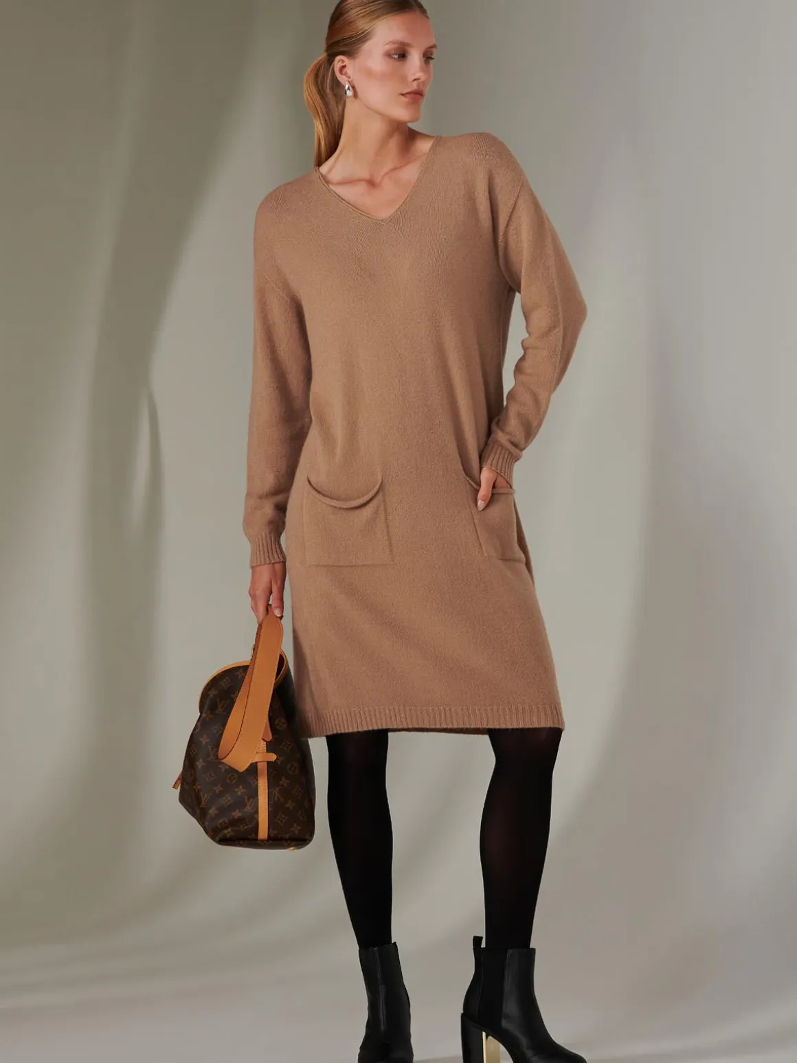 Made in Italy V Neck Knitted Jumper Dress, Tan Brown