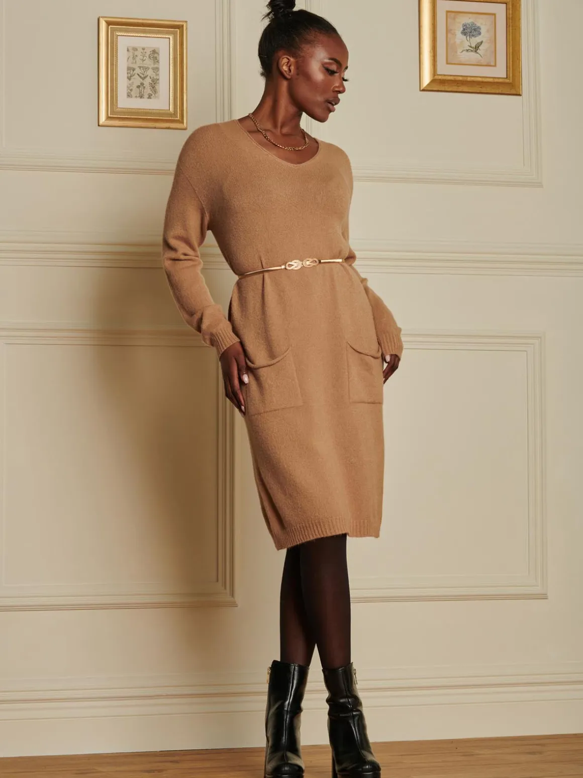 Made in Italy V Neck Knitted Jumper Dress, Tan Brown