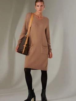 Made in Italy V Neck Knitted Jumper Dress, Tan Brown