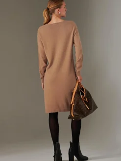 Made in Italy V Neck Knitted Jumper Dress, Tan Brown