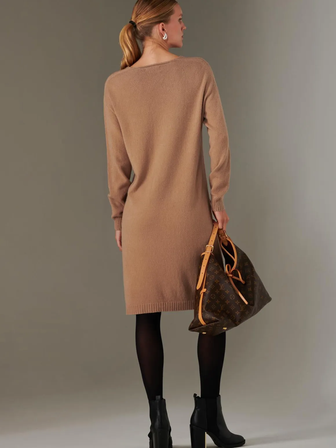 Made in Italy V Neck Knitted Jumper Dress, Tan Brown