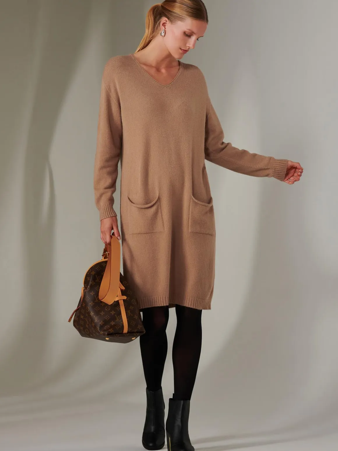 Made in Italy V Neck Knitted Jumper Dress, Tan Brown