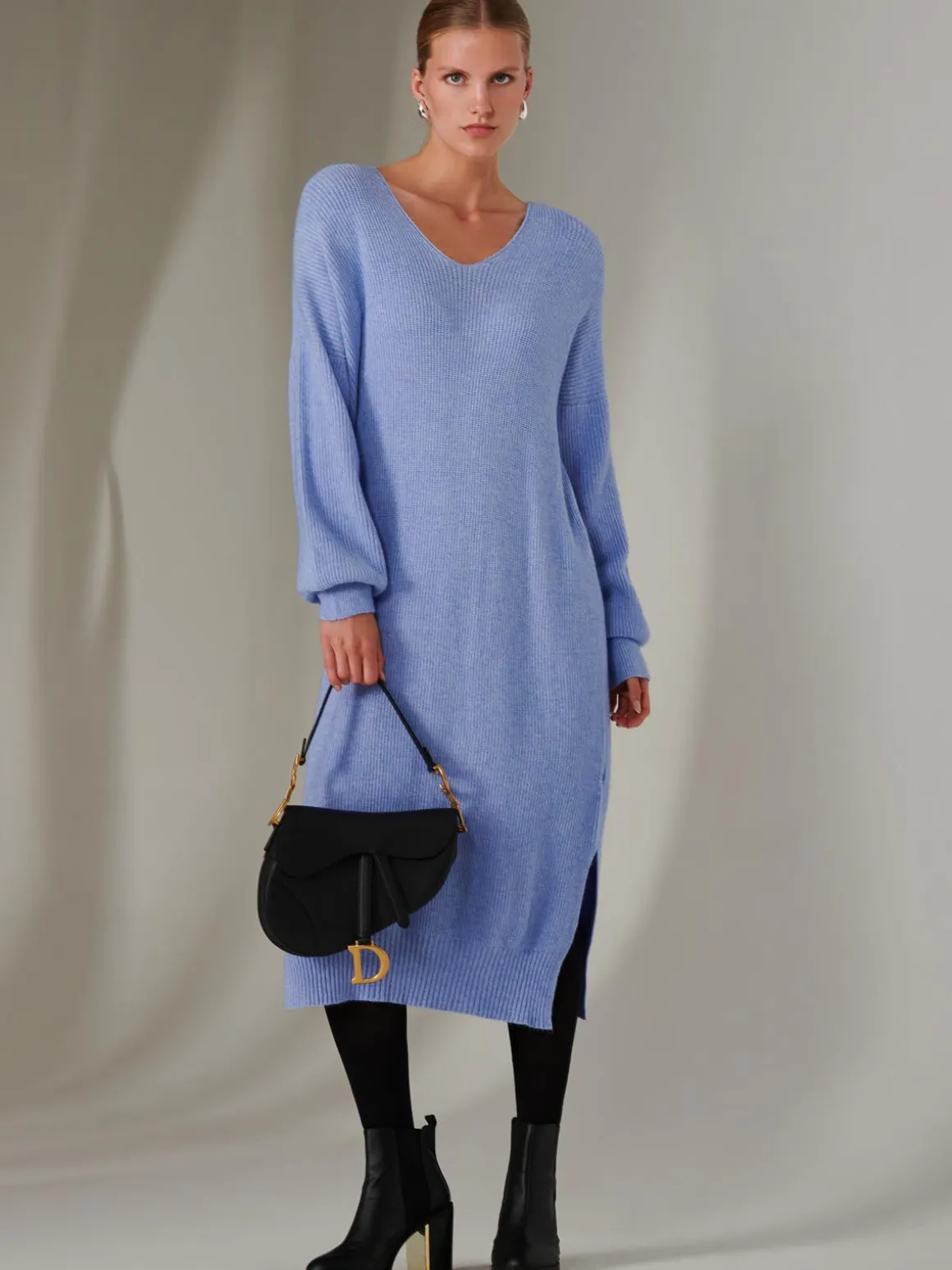 Made In Italy V Neck Knitted Jumper Maxi Dress, Grapemist