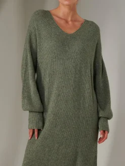 Made In Italy V Neck Knitted Jumper Maxi Dress, Khaki Green