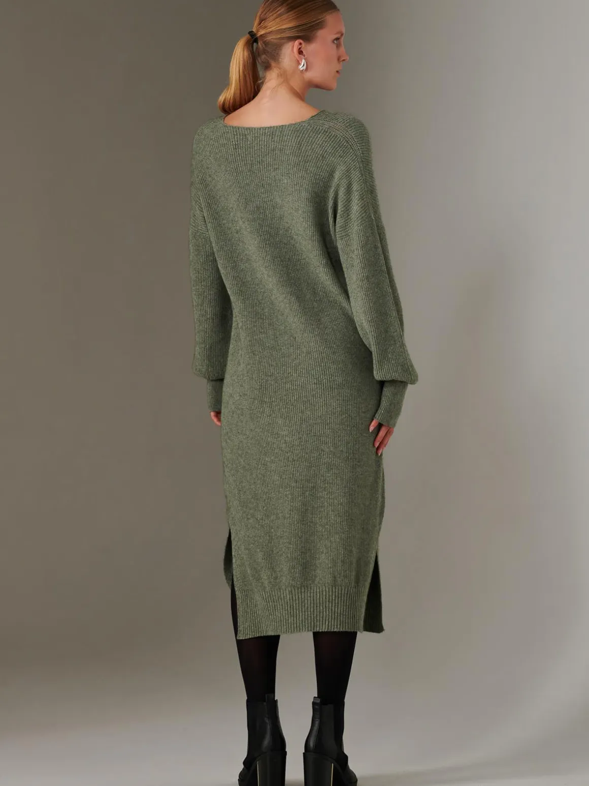 Made In Italy V Neck Knitted Jumper Maxi Dress, Khaki Green