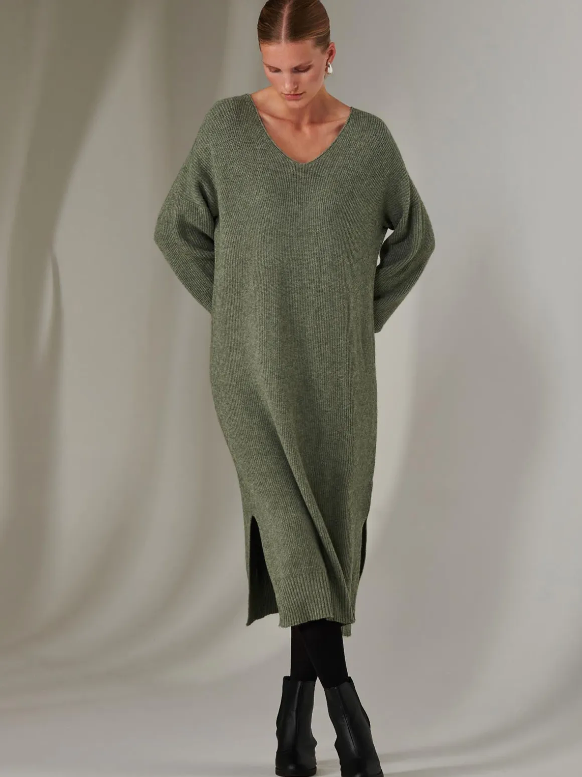 Made In Italy V Neck Knitted Jumper Maxi Dress, Khaki Green