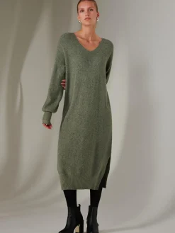 Made In Italy V Neck Knitted Jumper Maxi Dress, Khaki Green