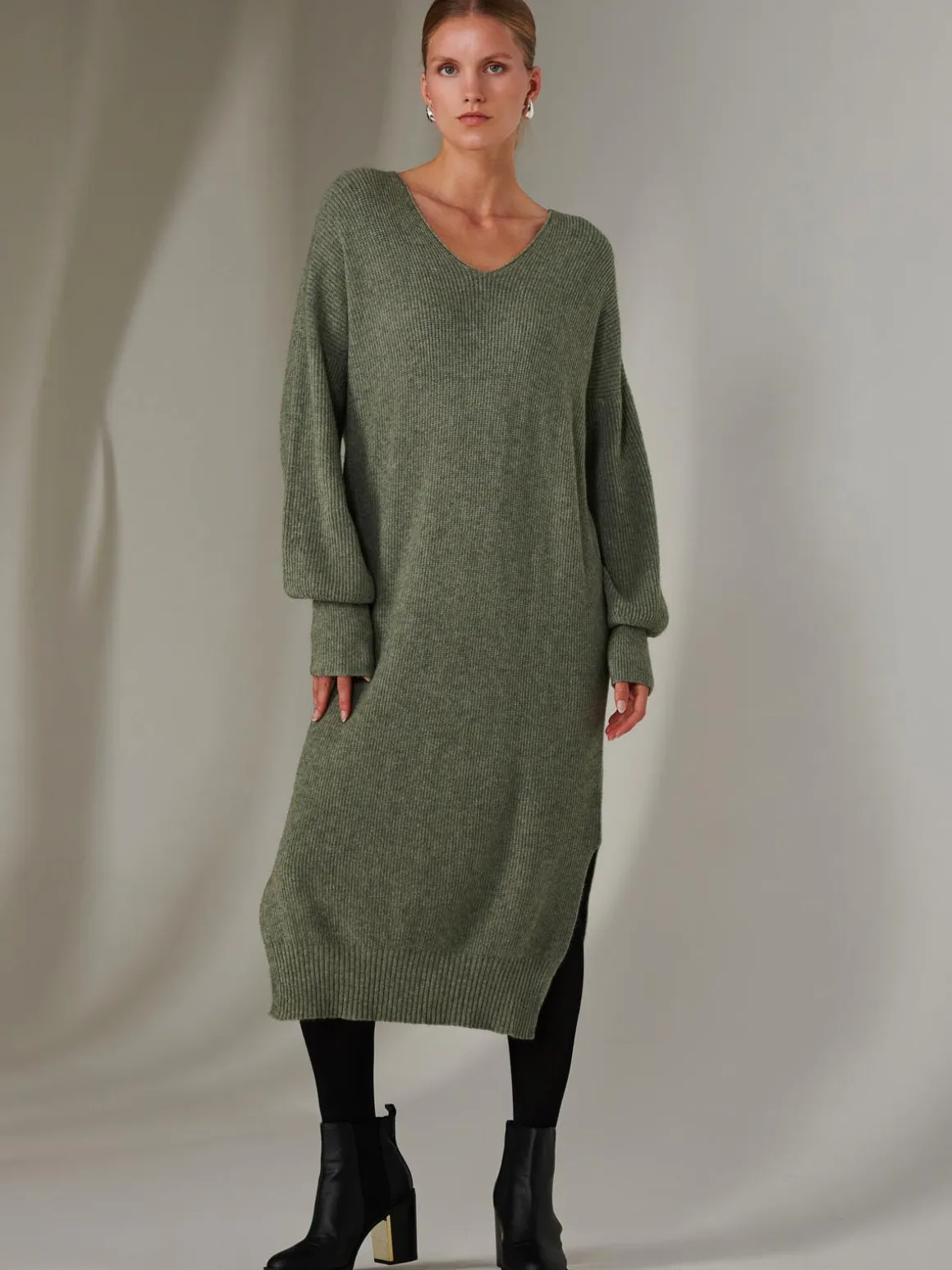 Made In Italy V Neck Knitted Jumper Maxi Dress, Khaki Green