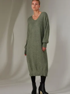 Made In Italy V Neck Knitted Jumper Maxi Dress, Khaki Green