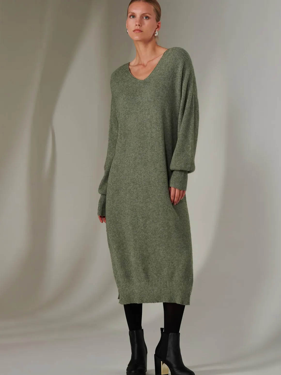 Made In Italy V Neck Knitted Jumper Maxi Dress, Khaki Green