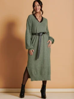 Made In Italy V Neck Knitted Jumper Maxi Dress, Khaki Green