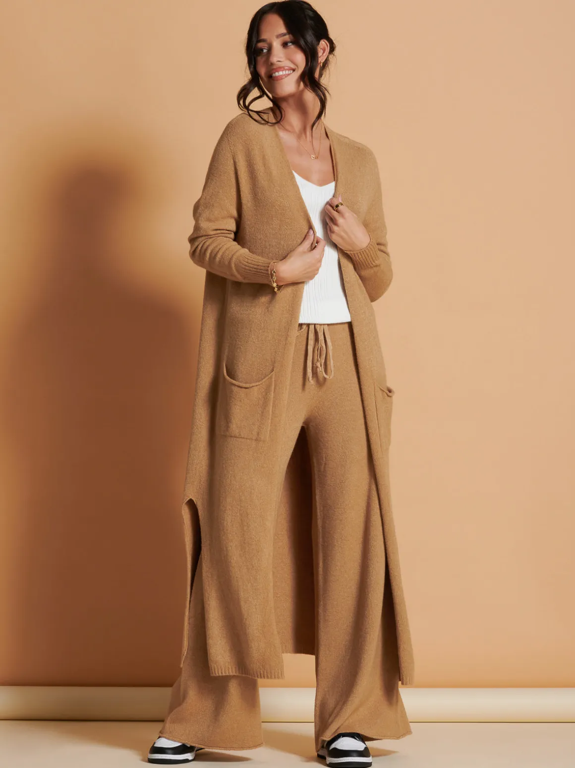 Made in Italy Wide Leg Soft Knit Trousers, Camel