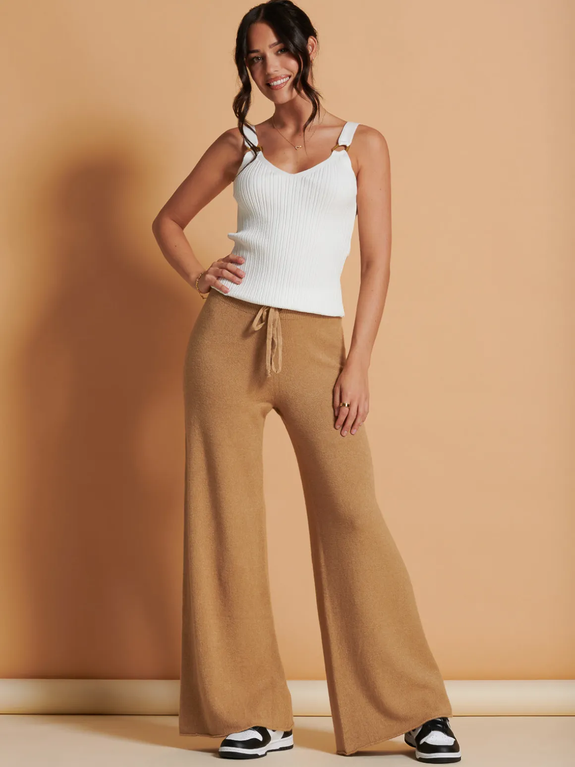 Made in Italy Wide Leg Soft Knit Trousers, Camel