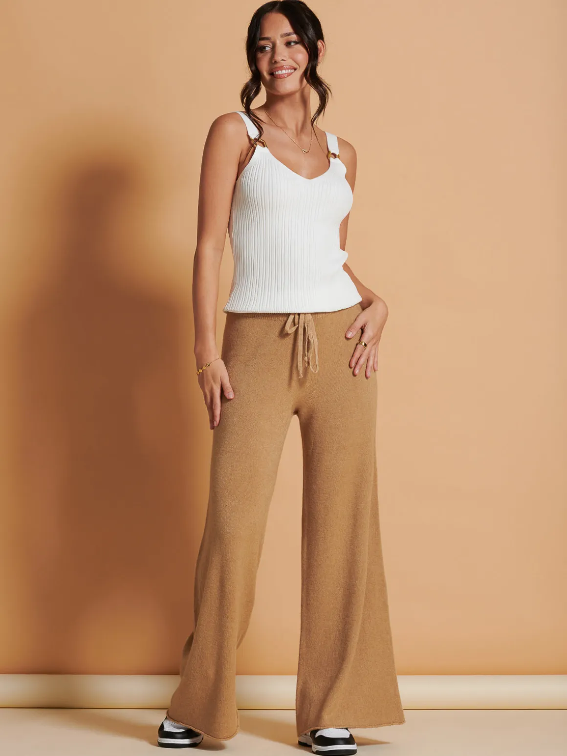 Made in Italy Wide Leg Soft Knit Trousers, Camel