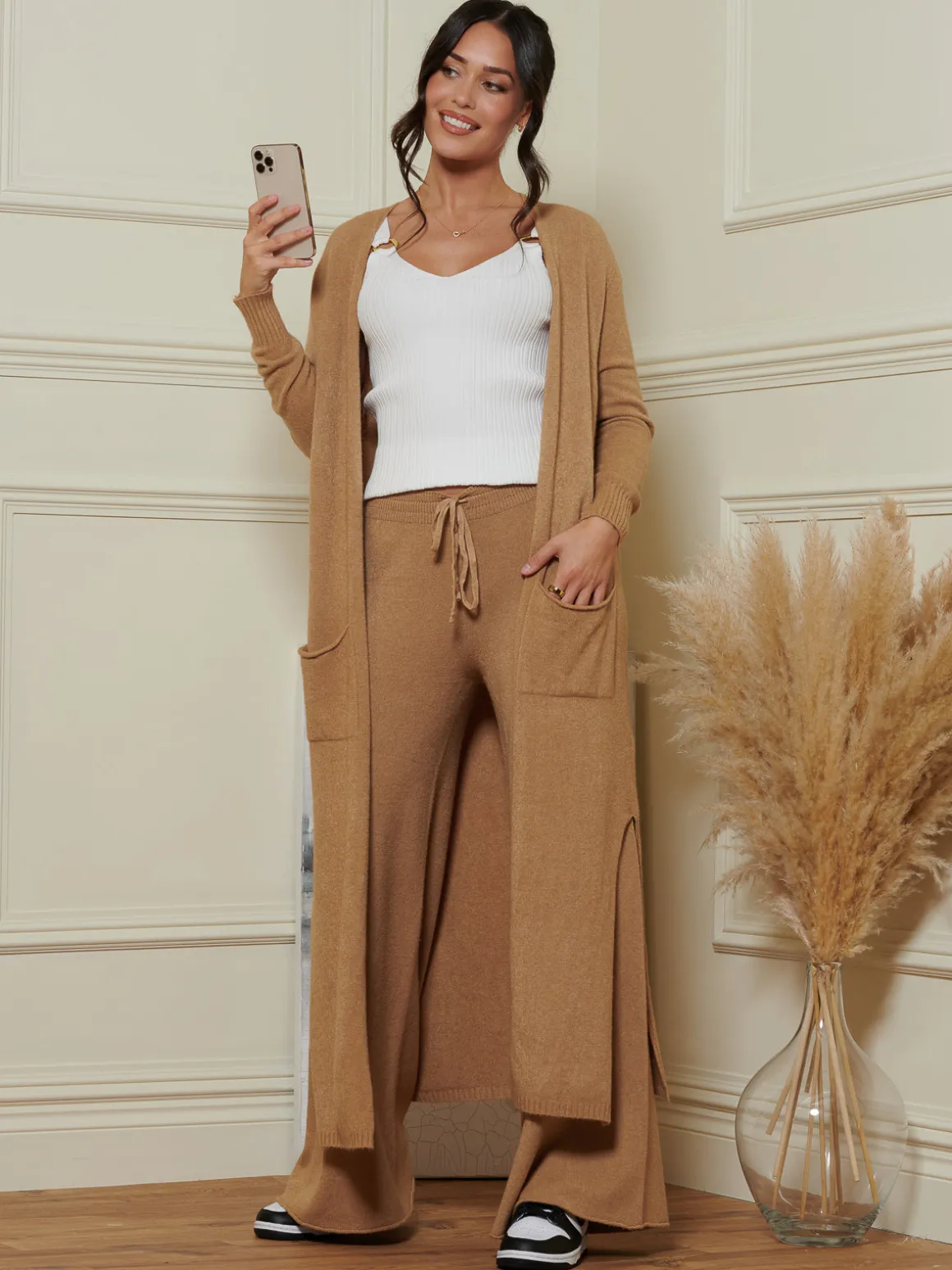 Made in Italy Wide Leg Soft Knit Trousers, Camel