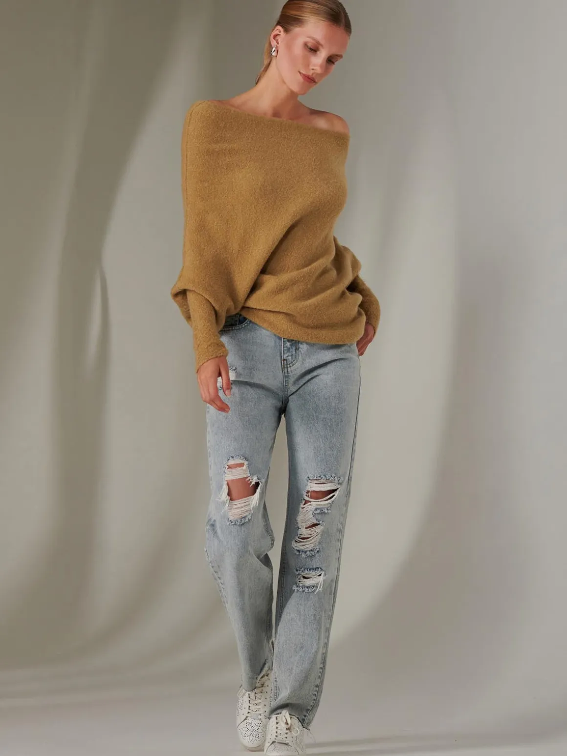 Made in Italy Wool Blend Asymmetric Knit Jumper, Almond