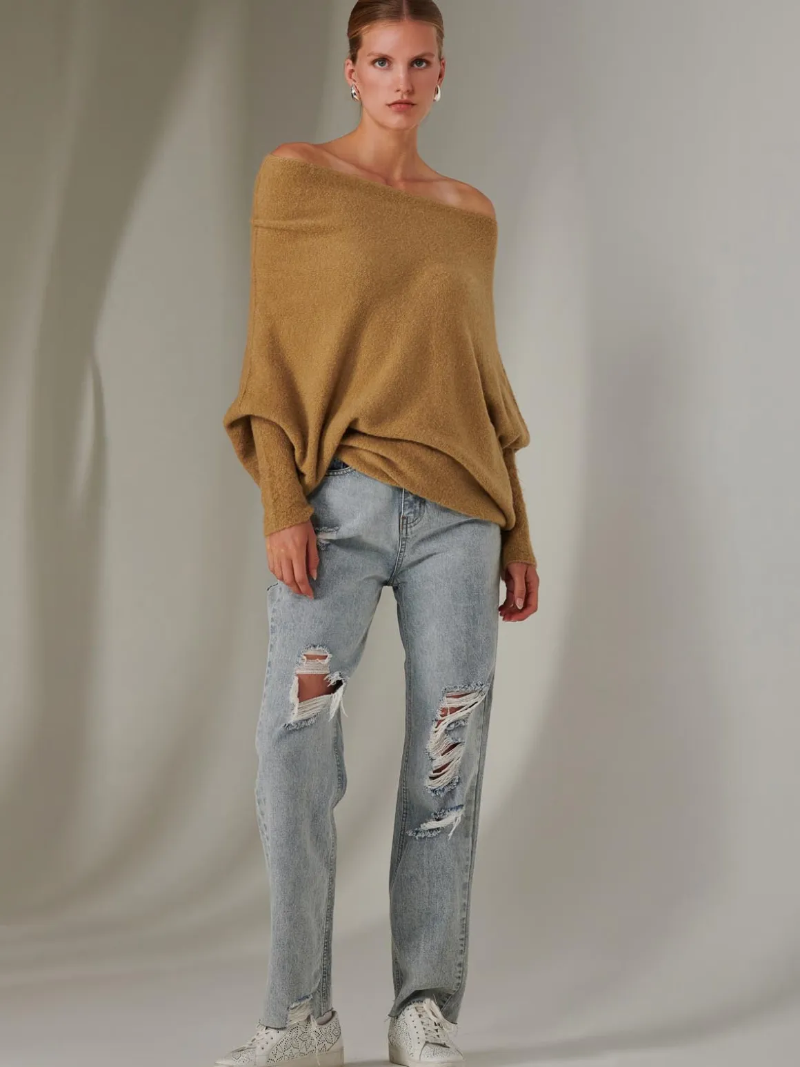 Made in Italy Wool Blend Asymmetric Knit Jumper, Almond