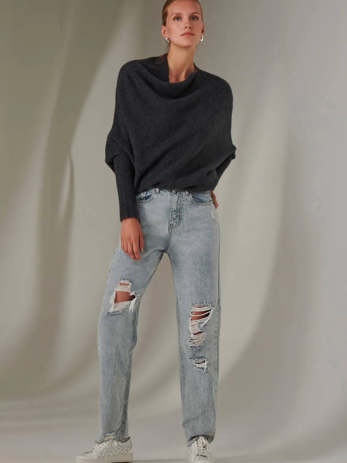 Made in Italy Wool Blend Asymmetric Knit Jumper, Antra