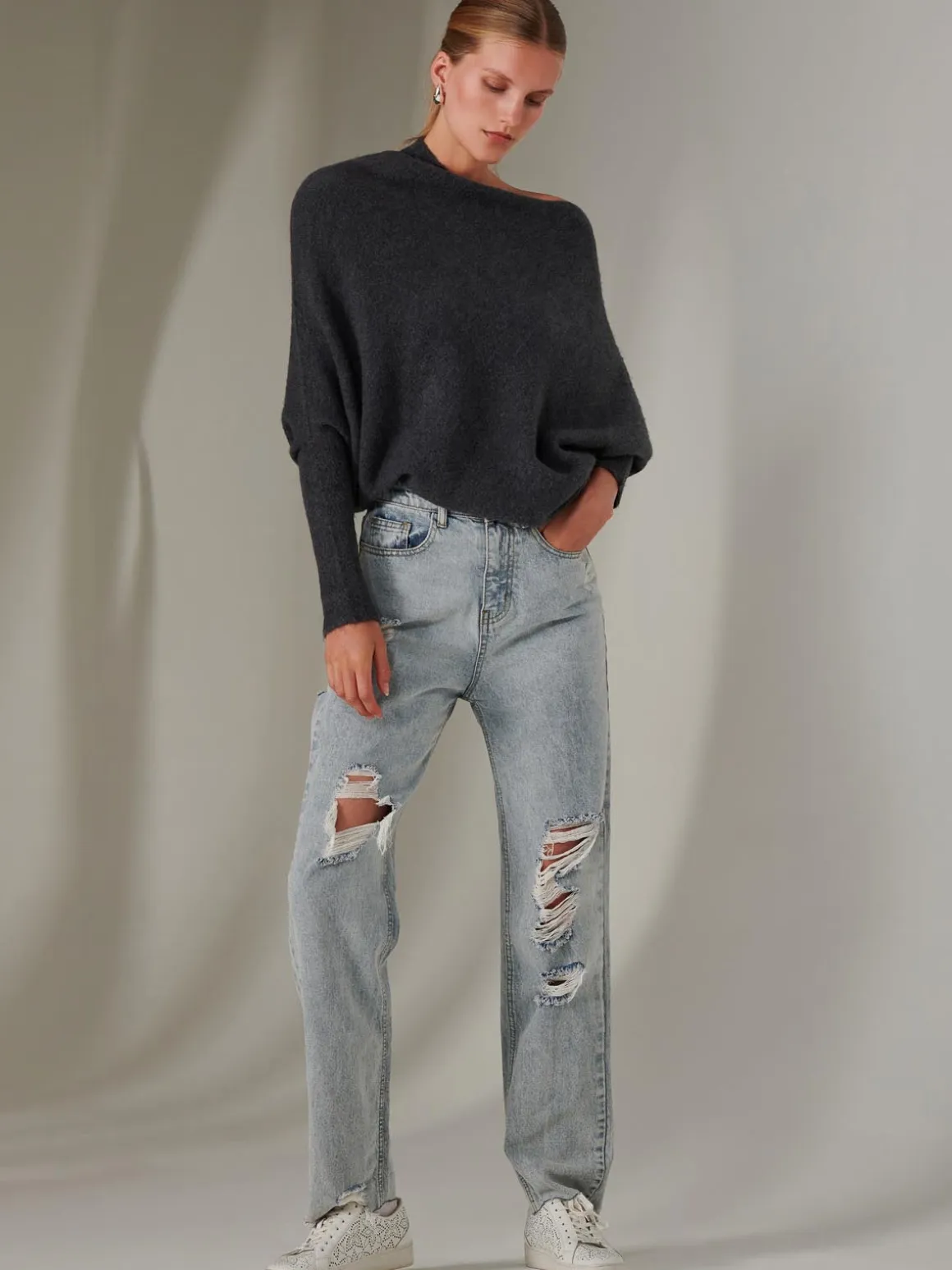 Made in Italy Wool Blend Asymmetric Knit Jumper, Antra
