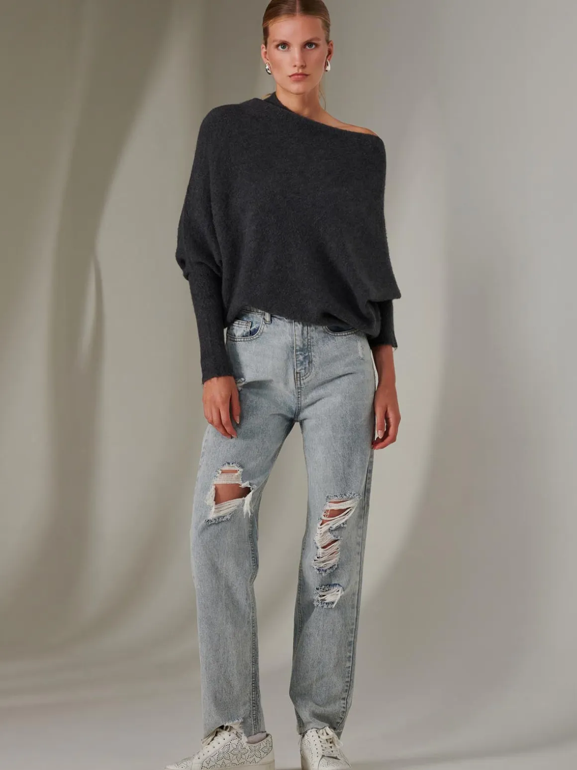 Made in Italy Wool Blend Asymmetric Knit Jumper, Antra