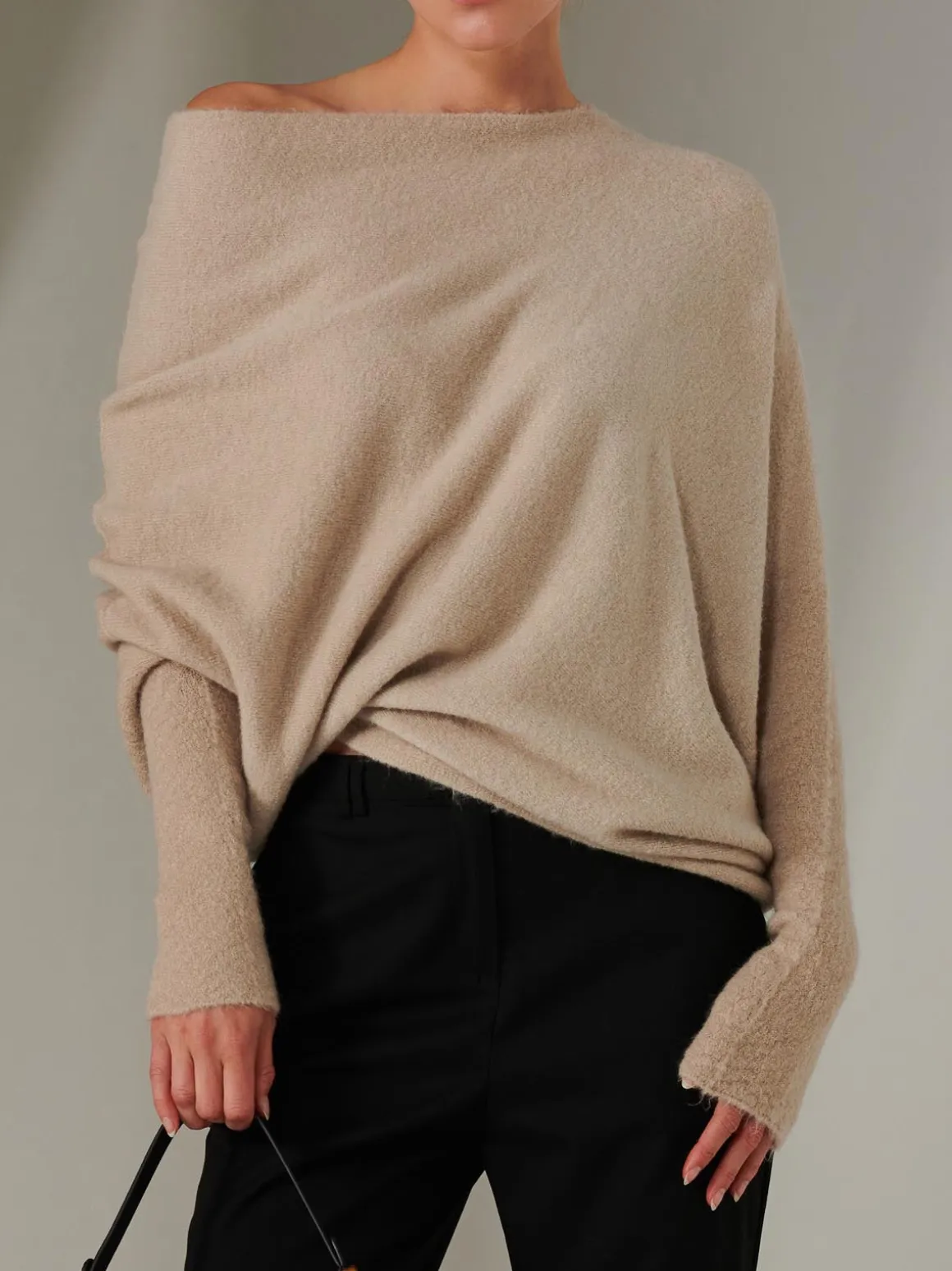 Made in Italy Wool Blend Asymmetric Knit Jumper, Beige