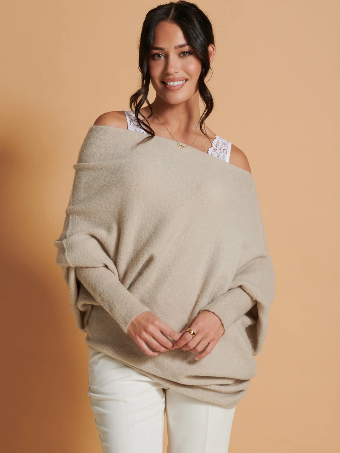 Made in Italy Wool Blend Asymmetric Knit Jumper, Beige