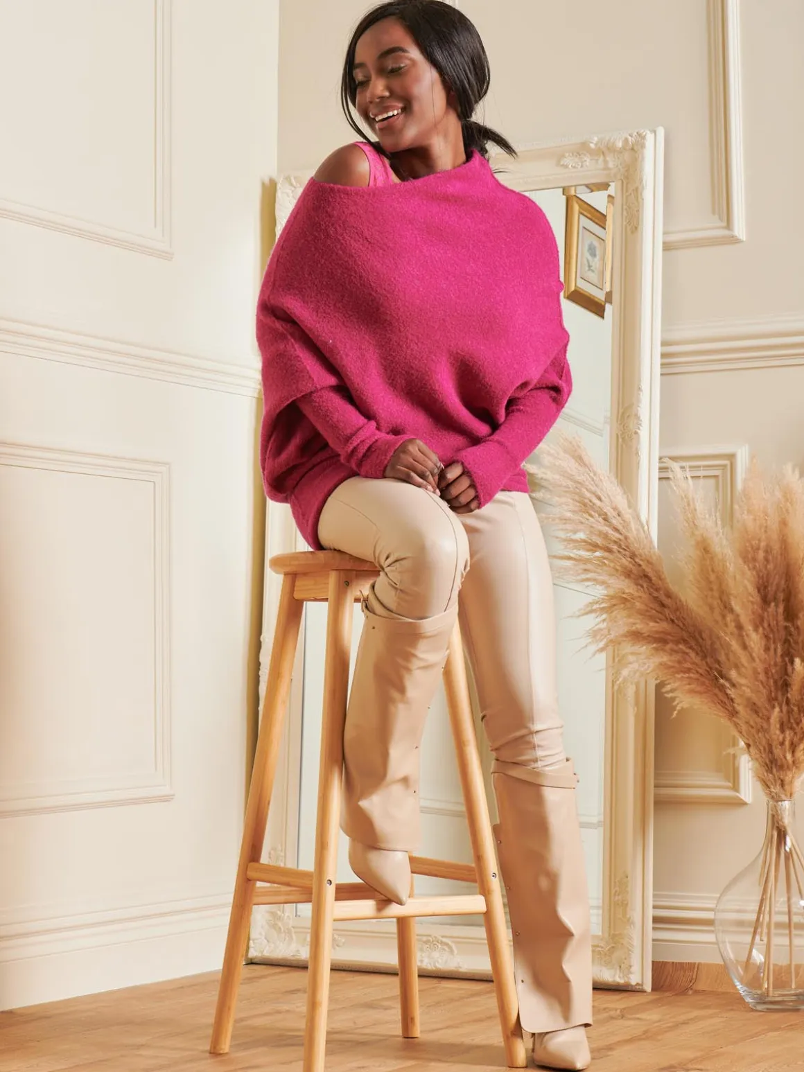 Made in Italy Wool Blend Asymmetric Knit Jumper, Fuschia