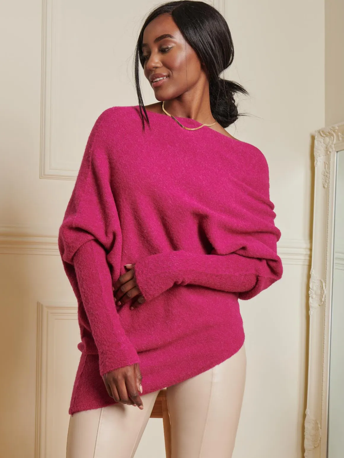 Made in Italy Wool Blend Asymmetric Knit Jumper, Fuschia