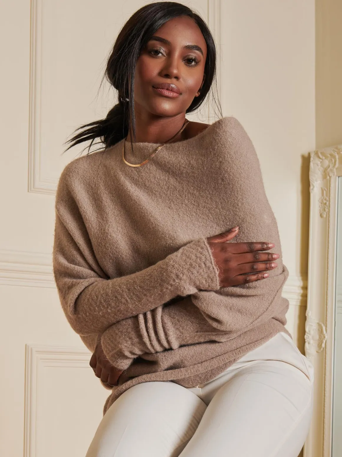 Made in Italy Wool Blend Asymmetric Knit Jumper, Mocha