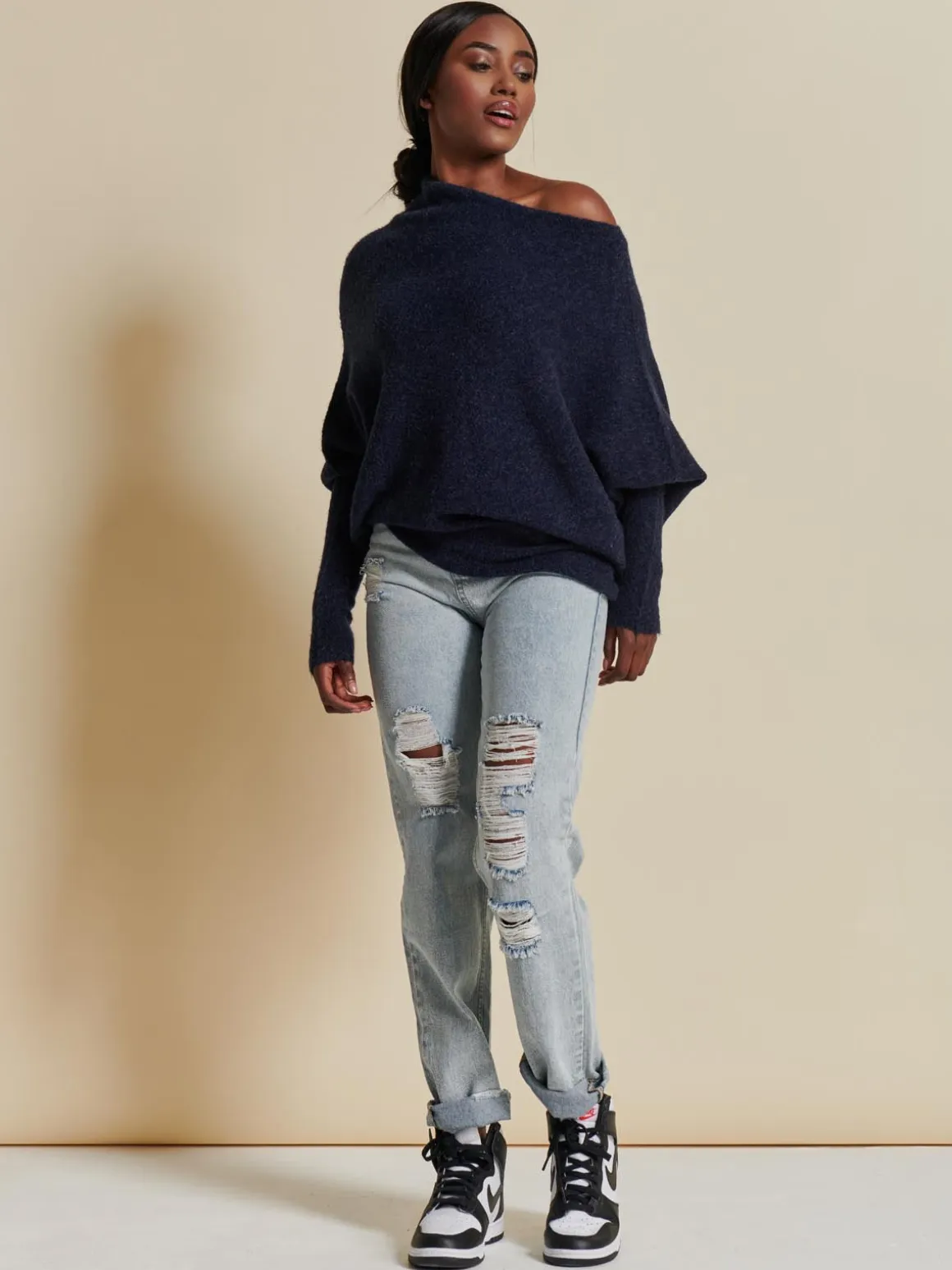 Made in Italy Wool Blend Asymmetric Knit Jumper, Navy