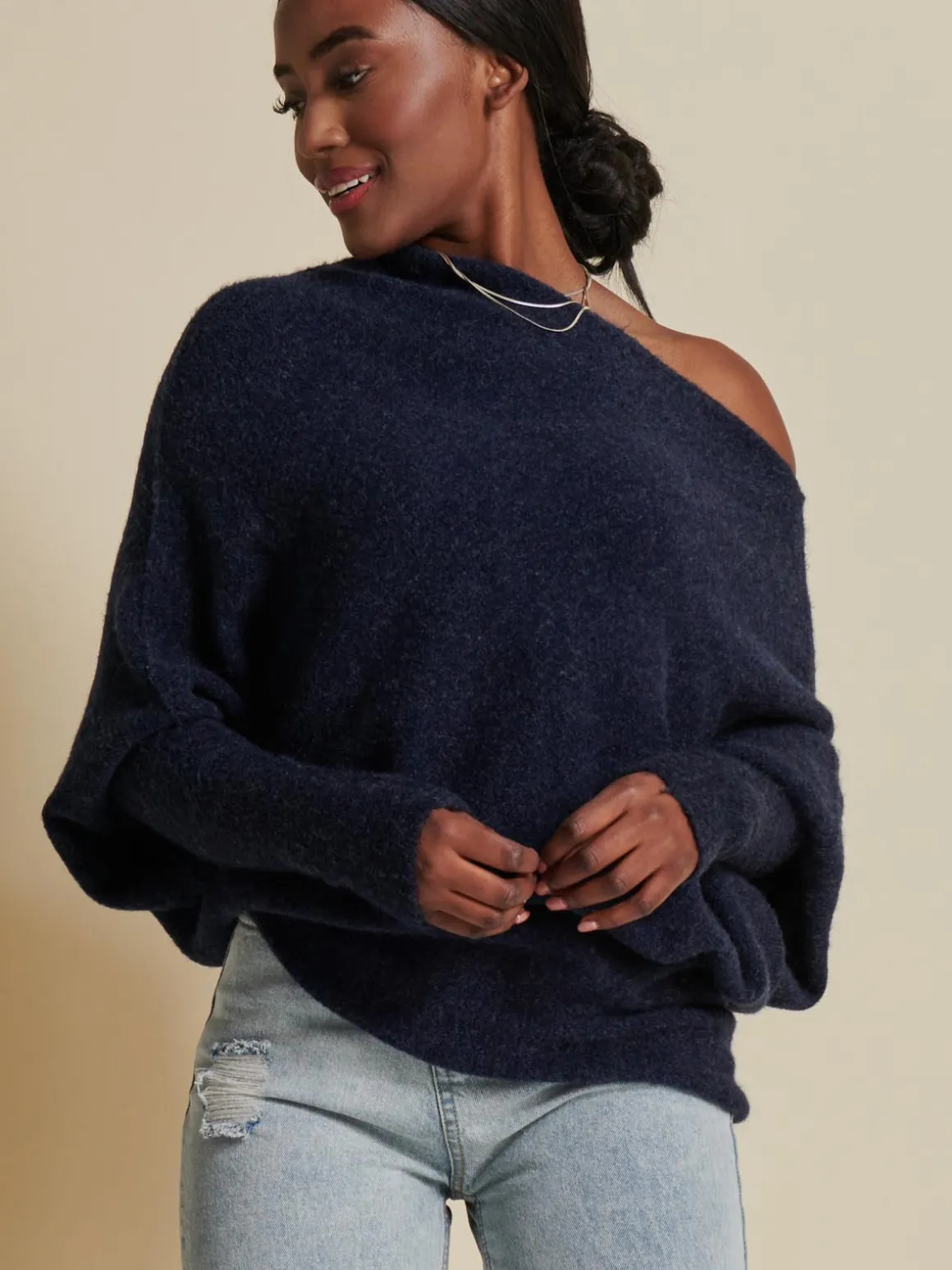 Made in Italy Wool Blend Asymmetric Knit Jumper, Navy