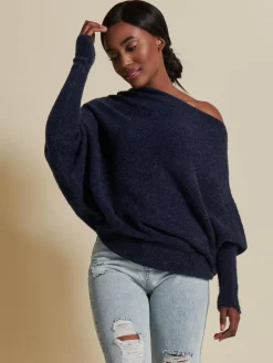 Made in Italy Wool Blend Asymmetric Knit Jumper, Navy
