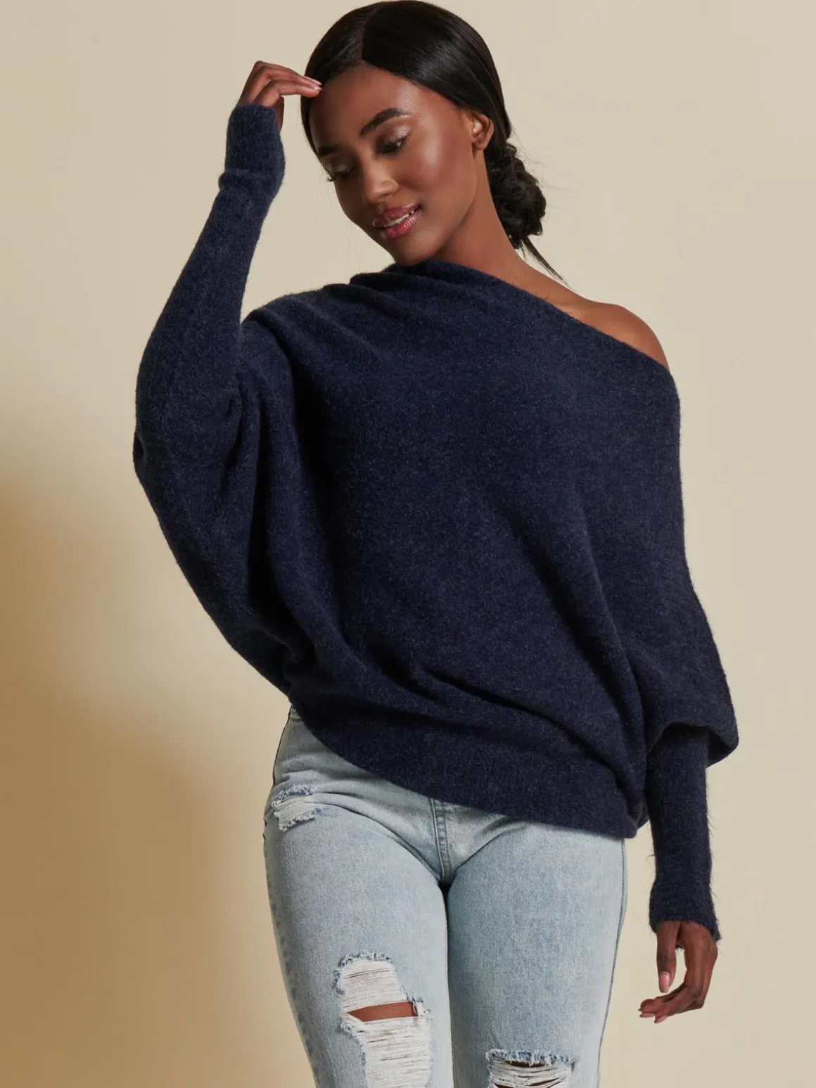 Made in Italy Wool Blend Asymmetric Knit Jumper, Navy