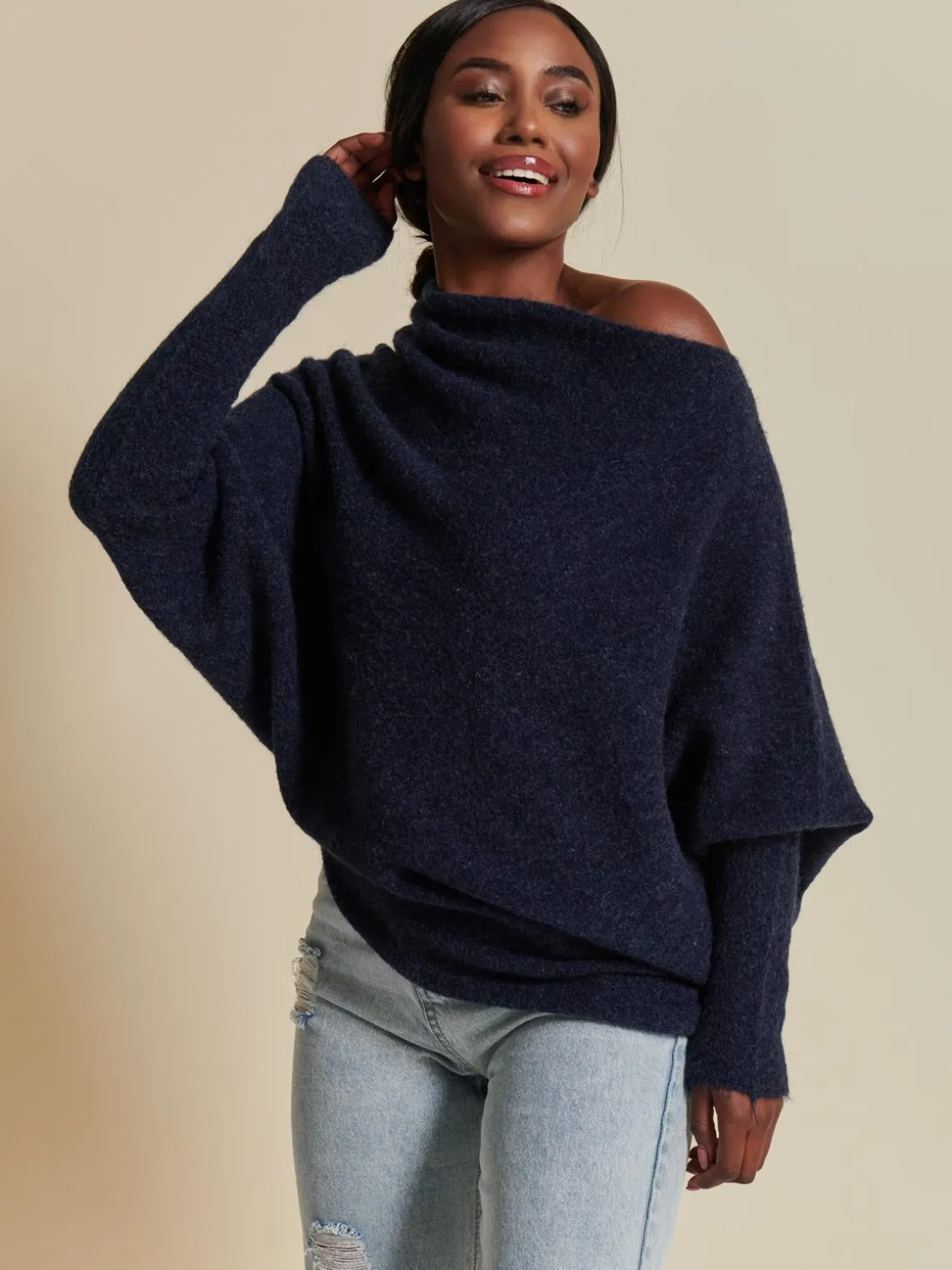 Made in Italy Wool Blend Asymmetric Knit Jumper, Navy