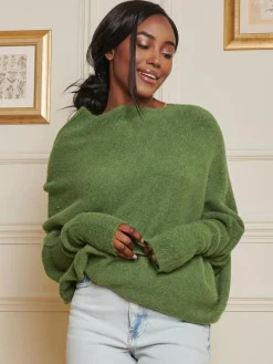 Made in Italy Wool Blend Asymmetric Knit Jumper, Olive Green