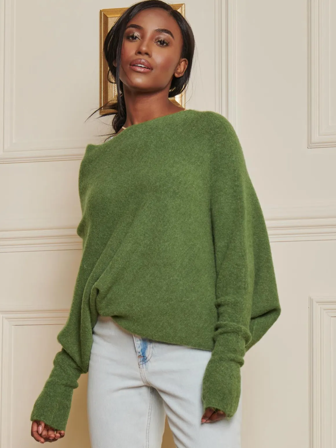 Made in Italy Wool Blend Asymmetric Knit Jumper, Olive Green