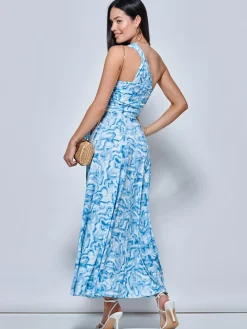 Marble Print One Shoulder Maxi Dress, Blue Multi