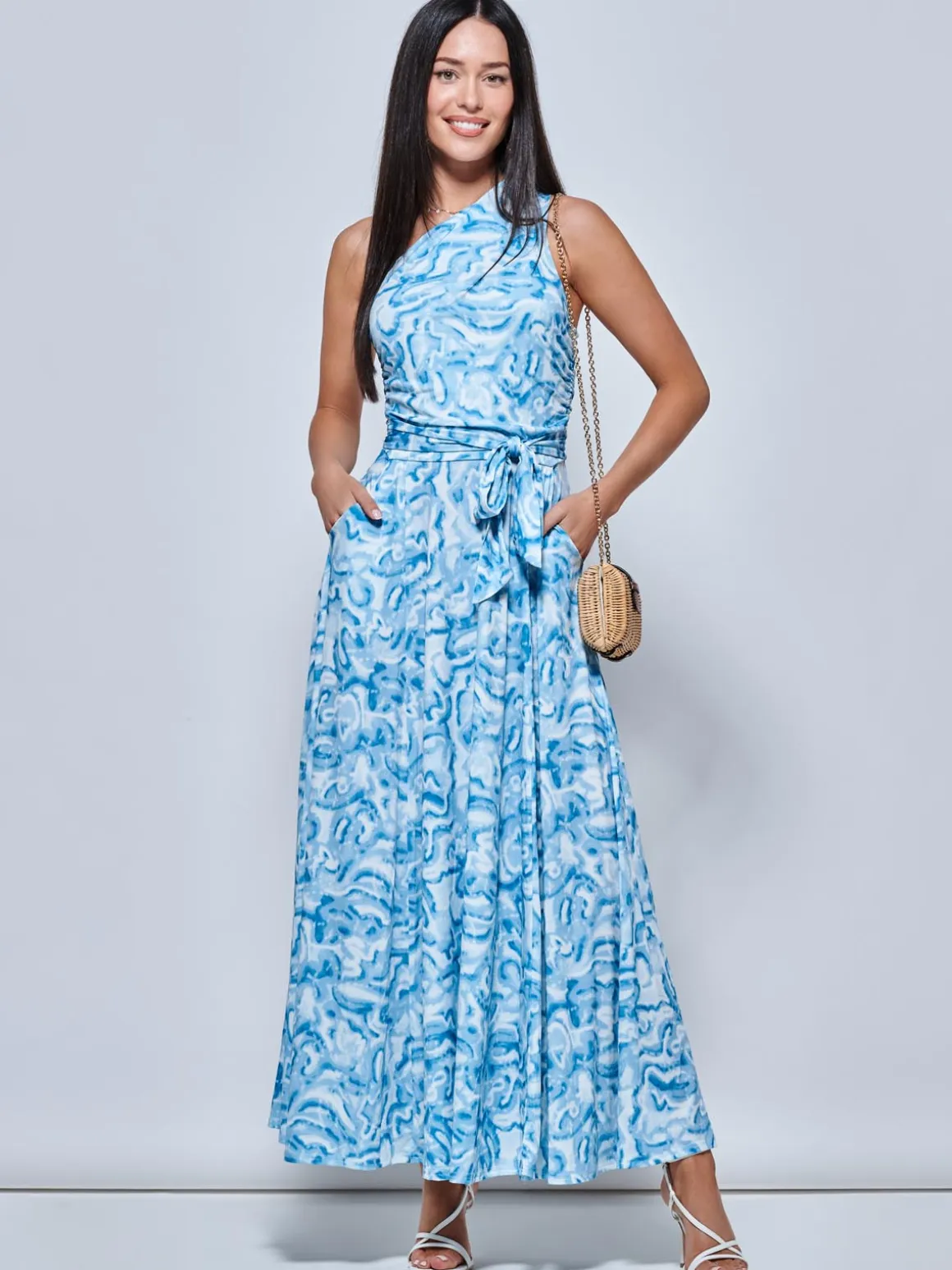 Marble Print One Shoulder Maxi Dress, Blue Multi