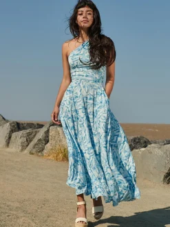 Marble Print One Shoulder Maxi Dress, Blue Multi
