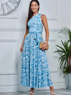Marble Print One Shoulder Maxi Dress, Blue Multi