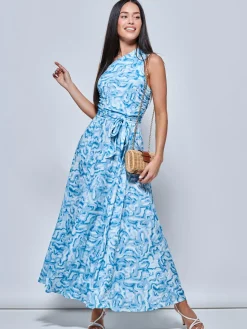 Marble Print One Shoulder Maxi Dress, Blue Multi