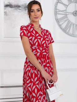 Marbouka Stand Collar Maxi Dress, Red Leafy