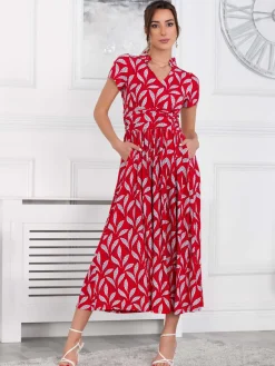 Marbouka Stand Collar Maxi Dress, Red Leafy