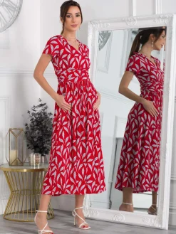 Marbouka Stand Collar Maxi Dress, Red Leafy